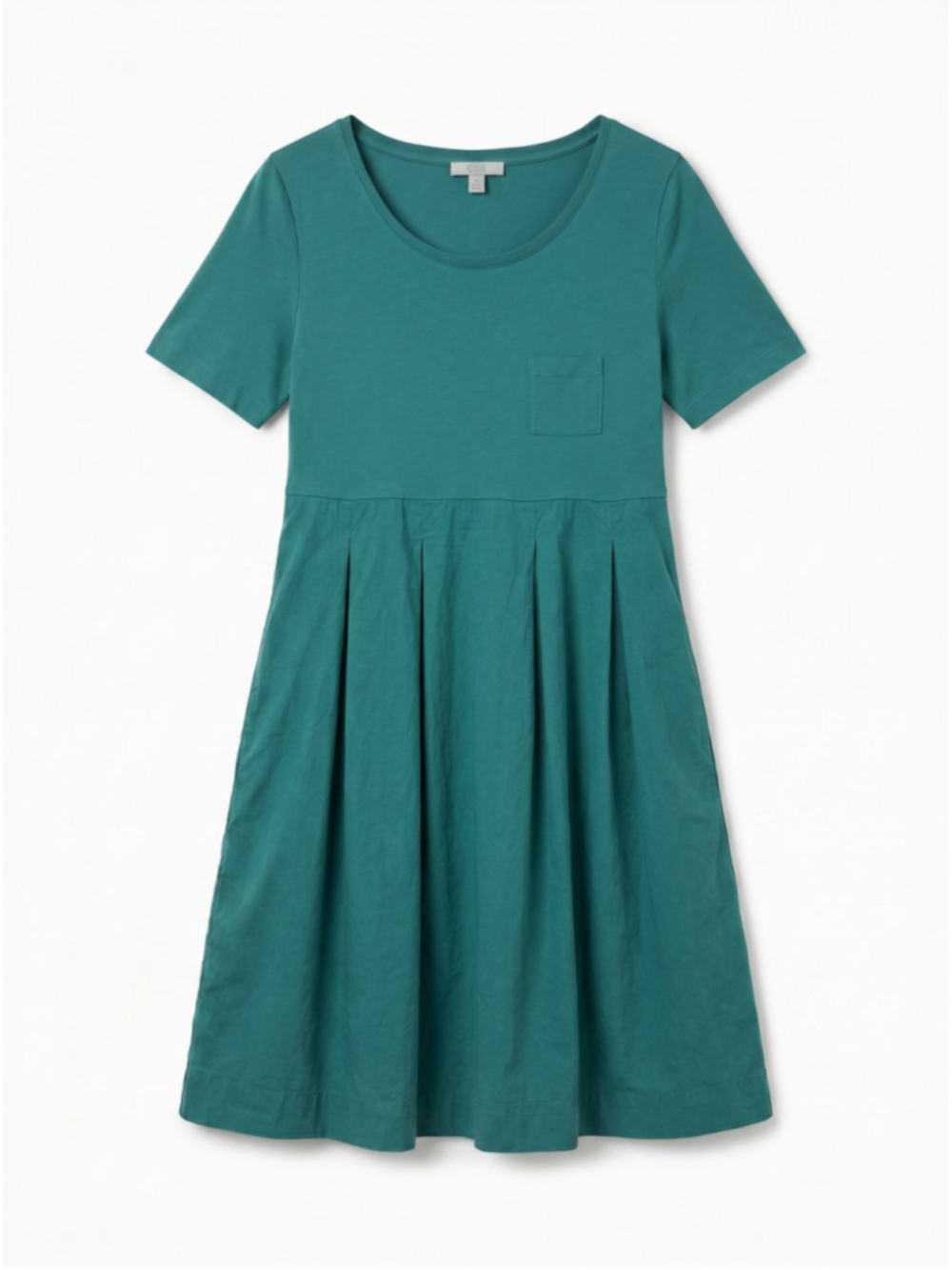 COS Pleated Casual Mini Dress Green Short Sleeves Cotton, Sz M